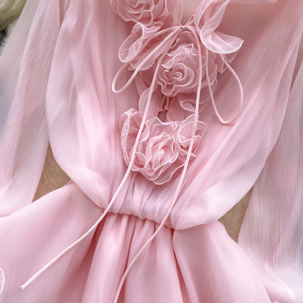 Boho 3D Floral Chiffon Sundress With Long Sleeves Lace Up Ruffle Detail