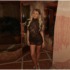 Lace Sheer Party Dress With Pleated Patchwork And Flutter Sleeves For Elegant Evenings