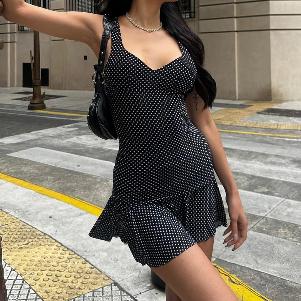 Sexy Coquette Polka Dot Print Low Cut For Women Sleeveless Mini Dress