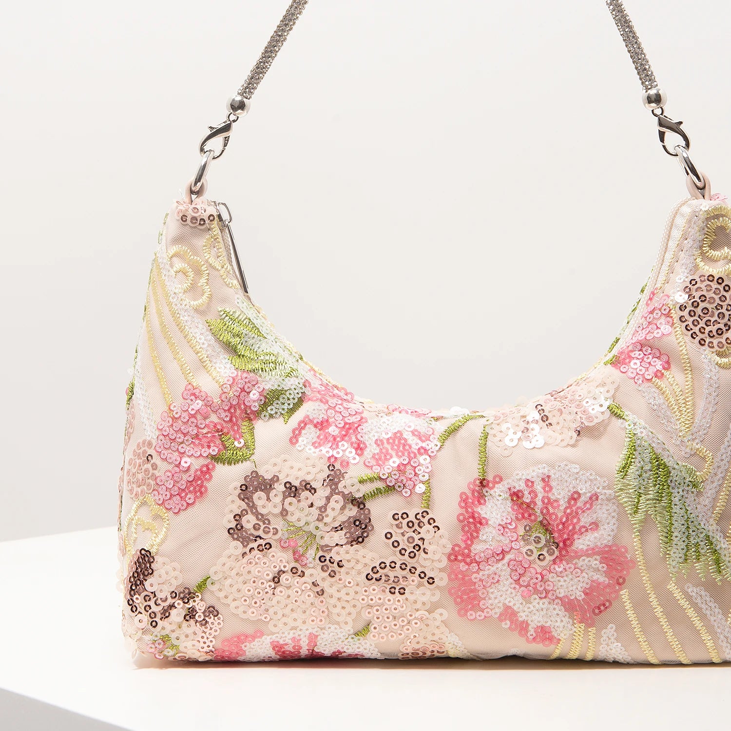 Floral Embroidered Sequin Shoulder Bag For Women Crescent Shape Evening Purse
