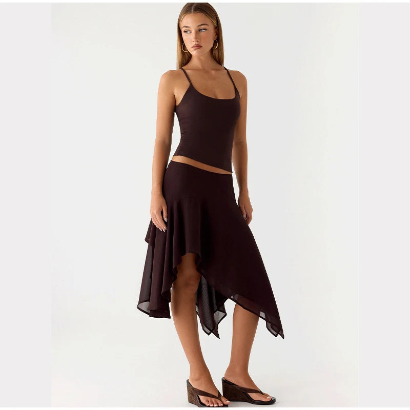 Soft Ruffle High Waist Midi Skirt With Asymmetrical Hem
