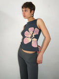 Floral Print Crop Tank Top For Women Fitted Boat Neck Sleeveless