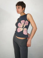 Floral Print Crop Tank Top For Women Fitted Boat Neck Sleeveless