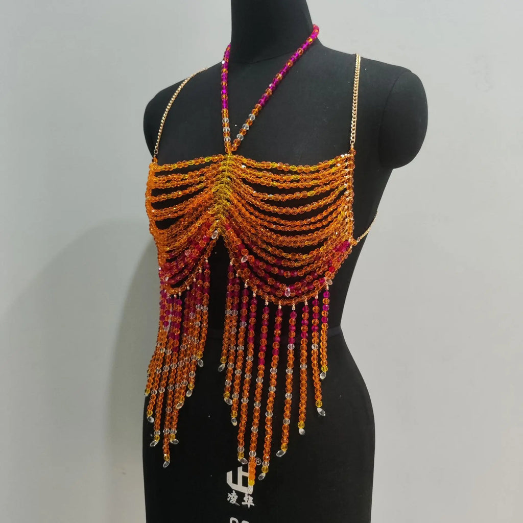 Handmade Orange Mermaid Body Chain Bralette With Beaded Harness