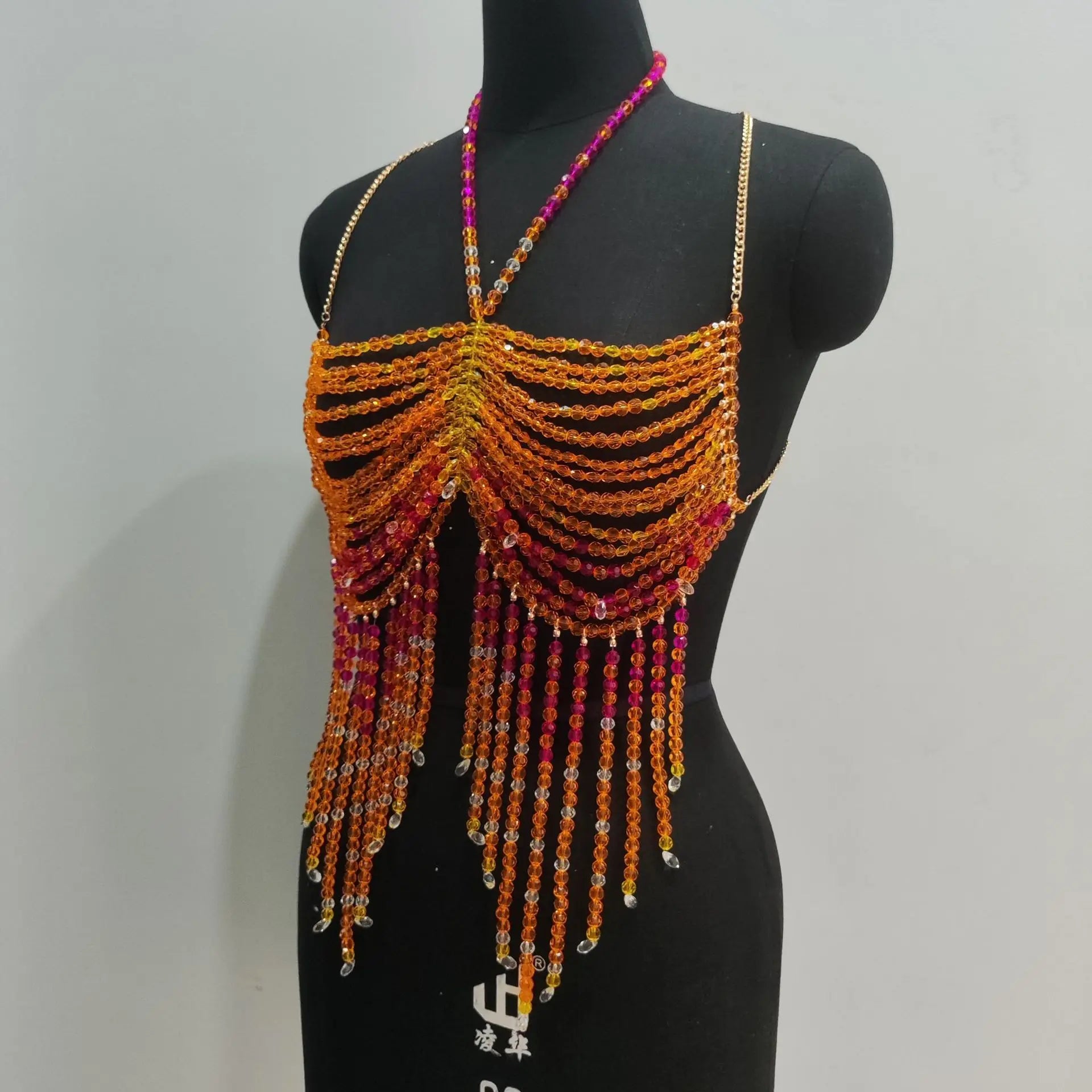 Handmade Orange Mermaid Body Chain Bralette With Beaded Harness