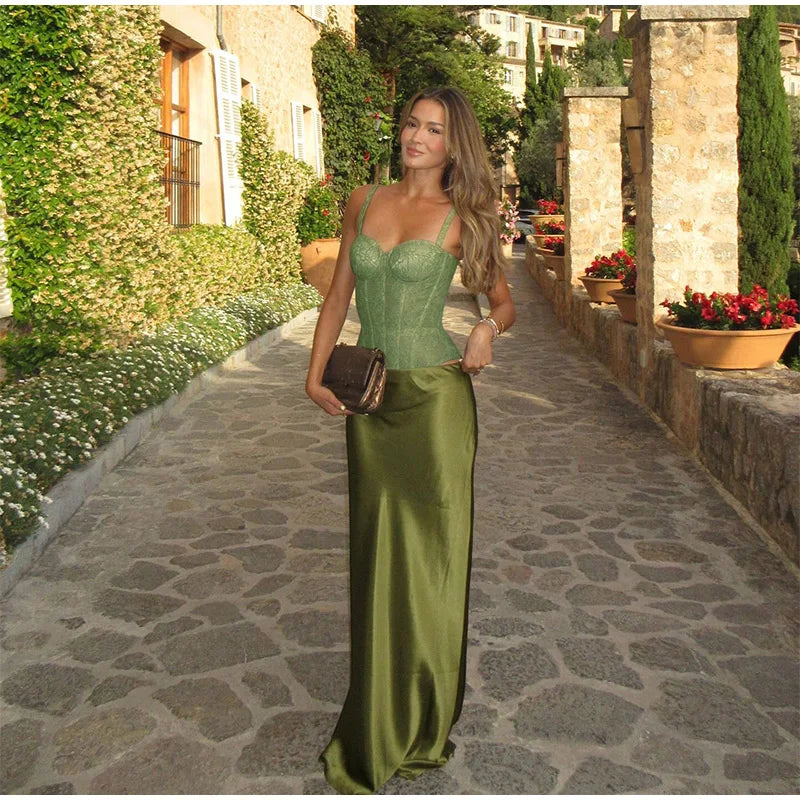 Two Piece Lace Up Top V Neck Sleeveless And A Line Skirt Set