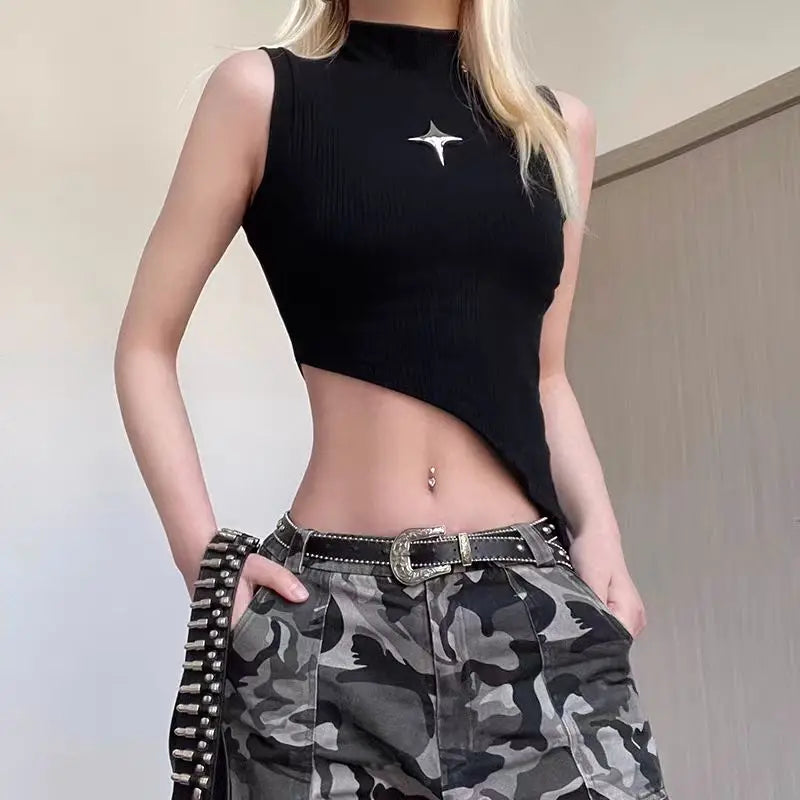 Crop Knit Vest With High Neck And Asymmetrical Hem