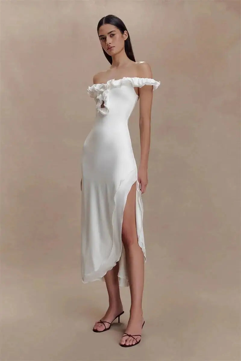 Off Shoulder Ruffle Midi Dress With Front Cutout High Waist Side Split