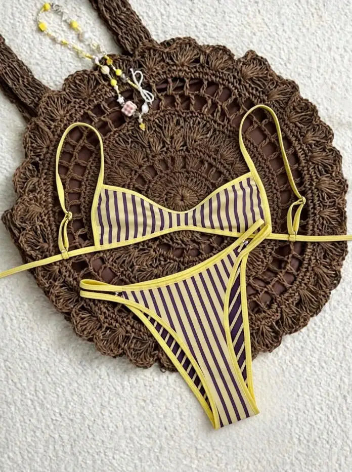 Sexy Micro Print Patchwork Bikini Set Women Pleated Push Up Bra Hollow Out Thong Swimsuit