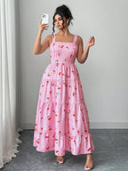 Sweet Cherry Print Gingham Tiered Maxi Dress