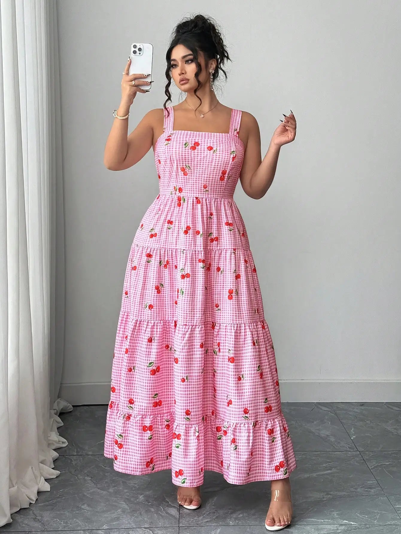 Sweet Cherry Print Gingham Tiered Maxi Dress