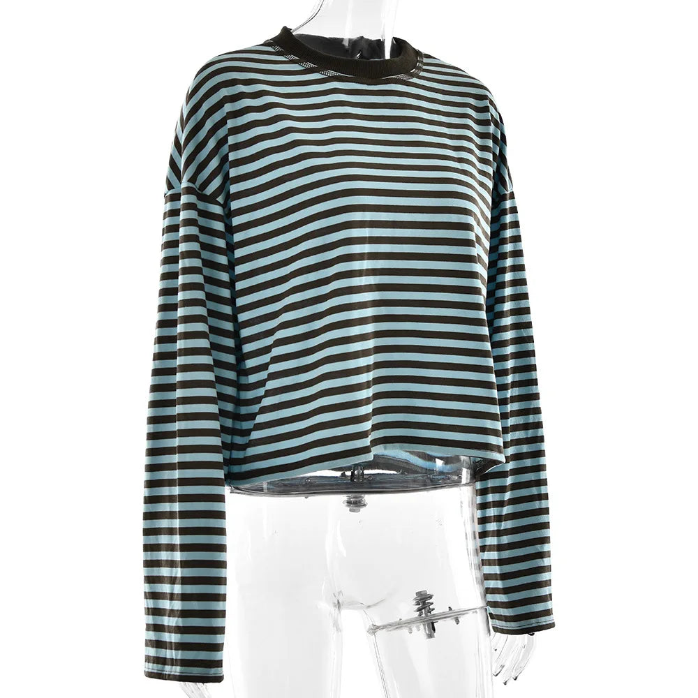 Stripe Patchwork Long Sleeve Tee for Casual Streetwear and Everyday