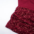 Sequin Patchwork Strapless Mini Dress Off Shoulder With Scarf Collar And Pleated Waist Cinch