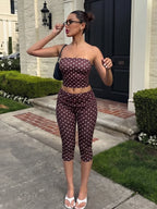 Brown Polka Dot Two-piece Set With Backless Wrap Top And Capri Shorts