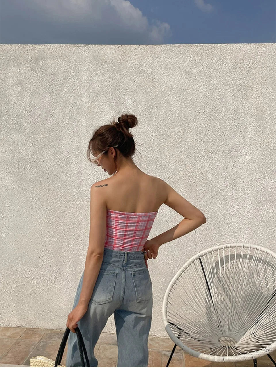 Plaid Push Up Backless One Piece Swimsuit