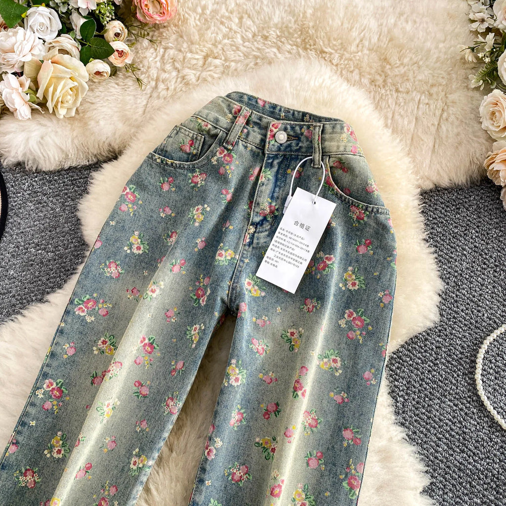 Floral Dream Denim Pants With Wide Leg Silhouette And High Waist