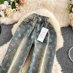 Floral Dream Denim Pants With Wide Leg Silhouette And High Waist