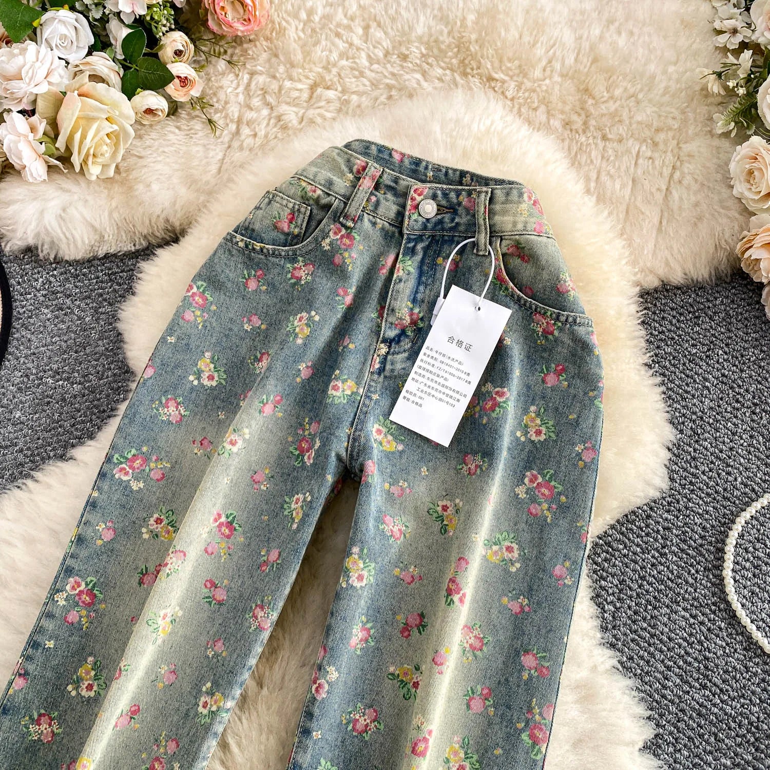 Floral Dream Denim Pants With Wide Leg Silhouette And High Waist