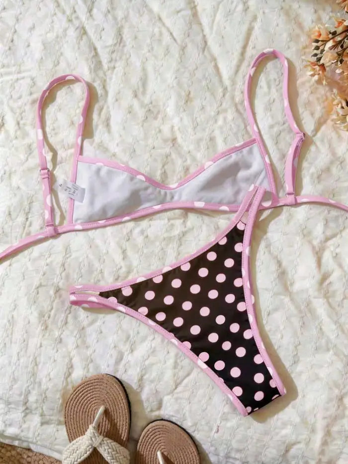 Sexy Micro Print Patchwork Bikini Set Women Pleated Push Up Bra Hollow Out Thong Swimsuit
