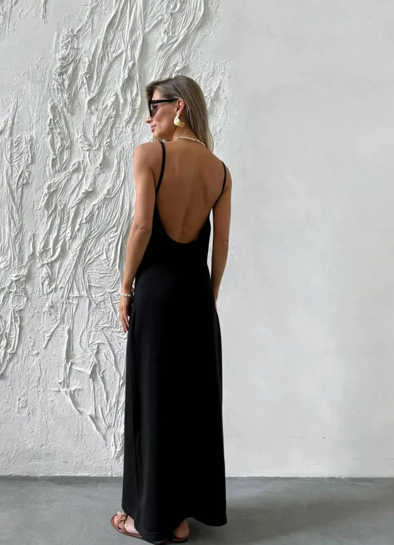 Elegant Deep V Knit Maxi Dress With Backless Suspender Detail