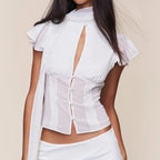 Sheer French-Style Chiffon Shirt with Ribbon Stand Collar Hollow-Out Front Placket Buttoned Waist-Cinching Short Top with Small Flutter Sleeves