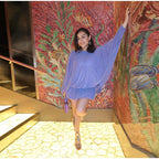 Backless Lace Up Mini Dress With Batwing Sleeves Round Neck Pleated