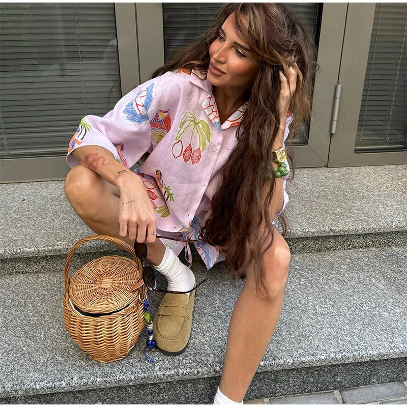 Dreamy Abstract Print Camp Collar Shirt And Shorts Matching Set