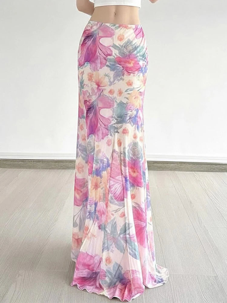 Bohemian Mesh Floral Maxi Skirt For Women Elegant High Waist