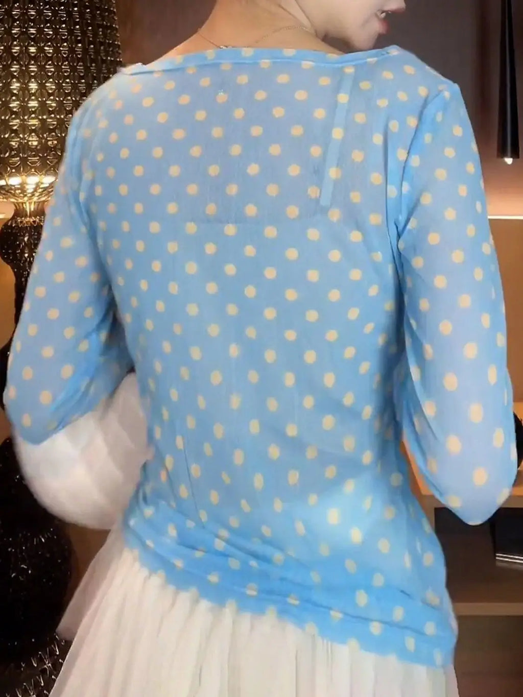 Breezy Ocean Blue Polka Dot Sheer Blouse With Long Sleeves And Boat Neck