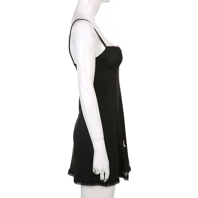Gothic Kawaii Lace Trim Sleeveless V Neck Mini Dress With Bow Accent