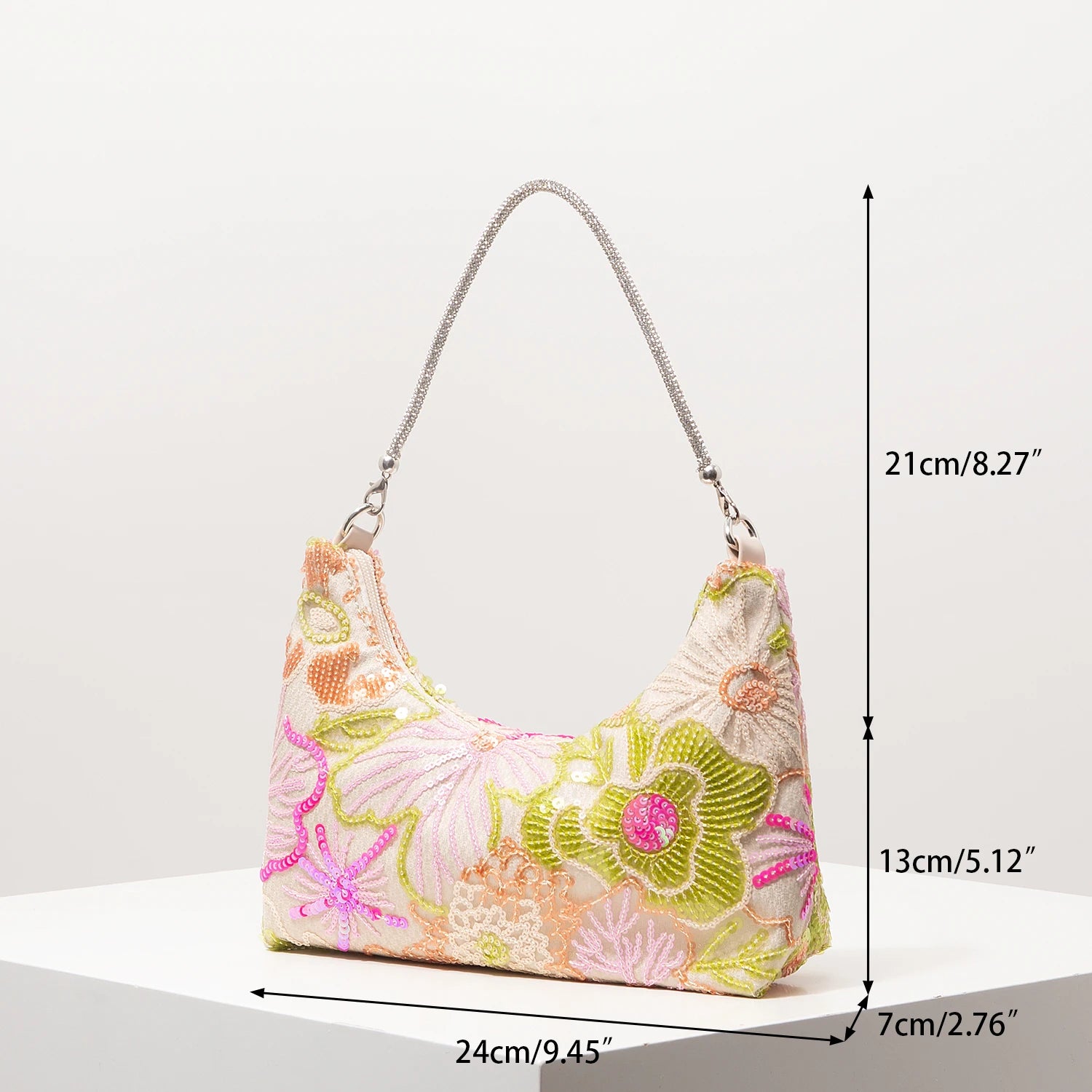 Floral Embroidered Sequin Shoulder Bag For Women Crescent Shape Evening Purse