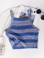 Striped Ribbed Knit Cami Top With Square Neck Sleeveless Rainbow Crop