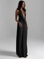 Elegant Halter Backless Maxi Dress With Deep V Neck And High Slit