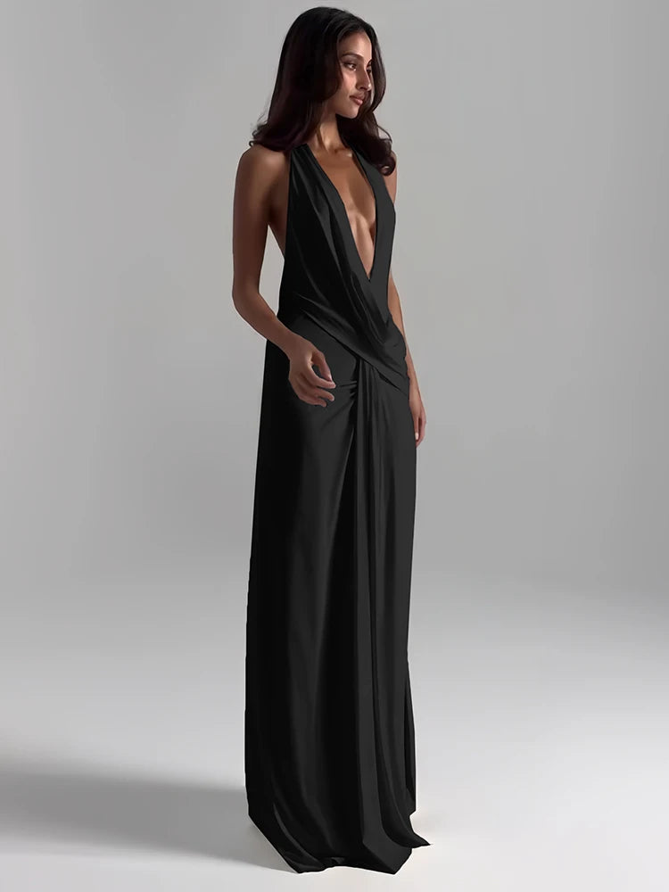 Elegant Halter Backless Maxi Dress With Deep V Neck And High Slit