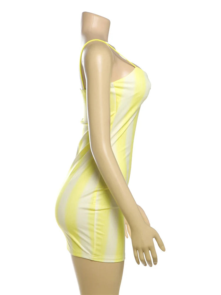 Striped Spaghetti Strap Dress With Pleated Backless Mini Bodycon