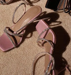 Pink Diamond Sparkle Stiletto Sandals With Open Toe And Square Detail For Evening Parties
