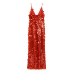 Gleaming Sequined V Neck Maxi Dress Sleeveless Backless High Waist Gown