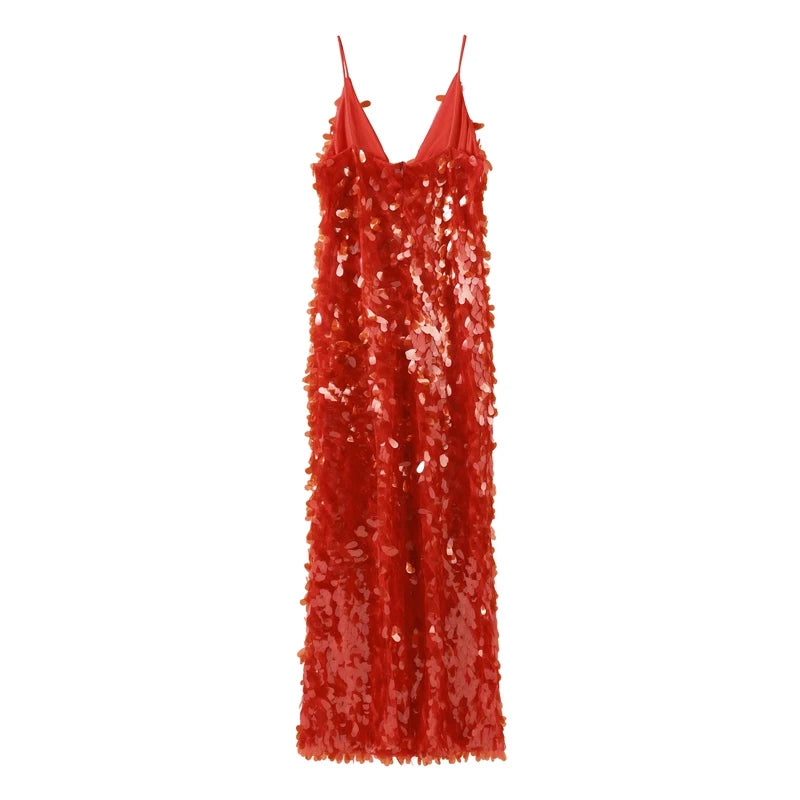 Gleaming Sequined V Neck Maxi Dress Sleeveless Backless High Waist Gown