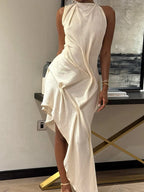 Chic Backless Off Shoulder Pleated Knee Length Dress With Irregular Silhouette