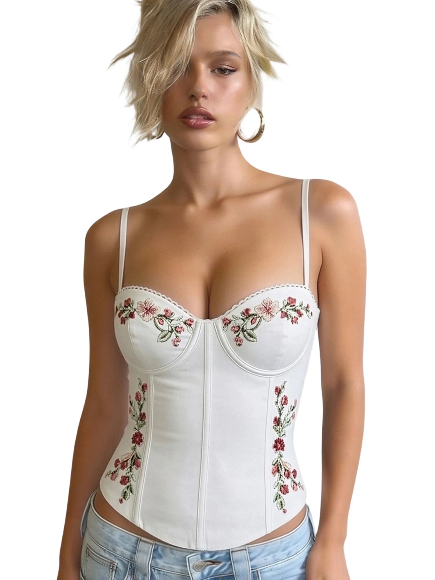 Floral Embroidered Slim Fit Spaghetti Strap Camisole Top