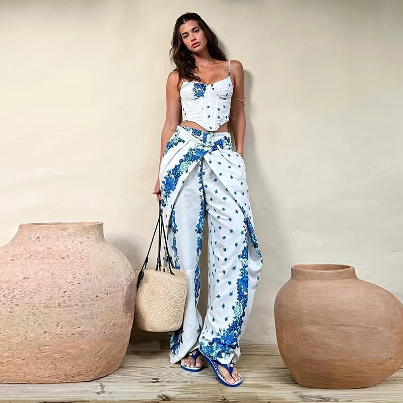 Playful Printed Vest And Trouser Set For Women Two Piece With Sleeveless Slip Top