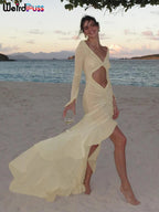 Elegant Sheer Lace Bodycon Dress With Hollow V-Neck Ruffles And Ruched Sides