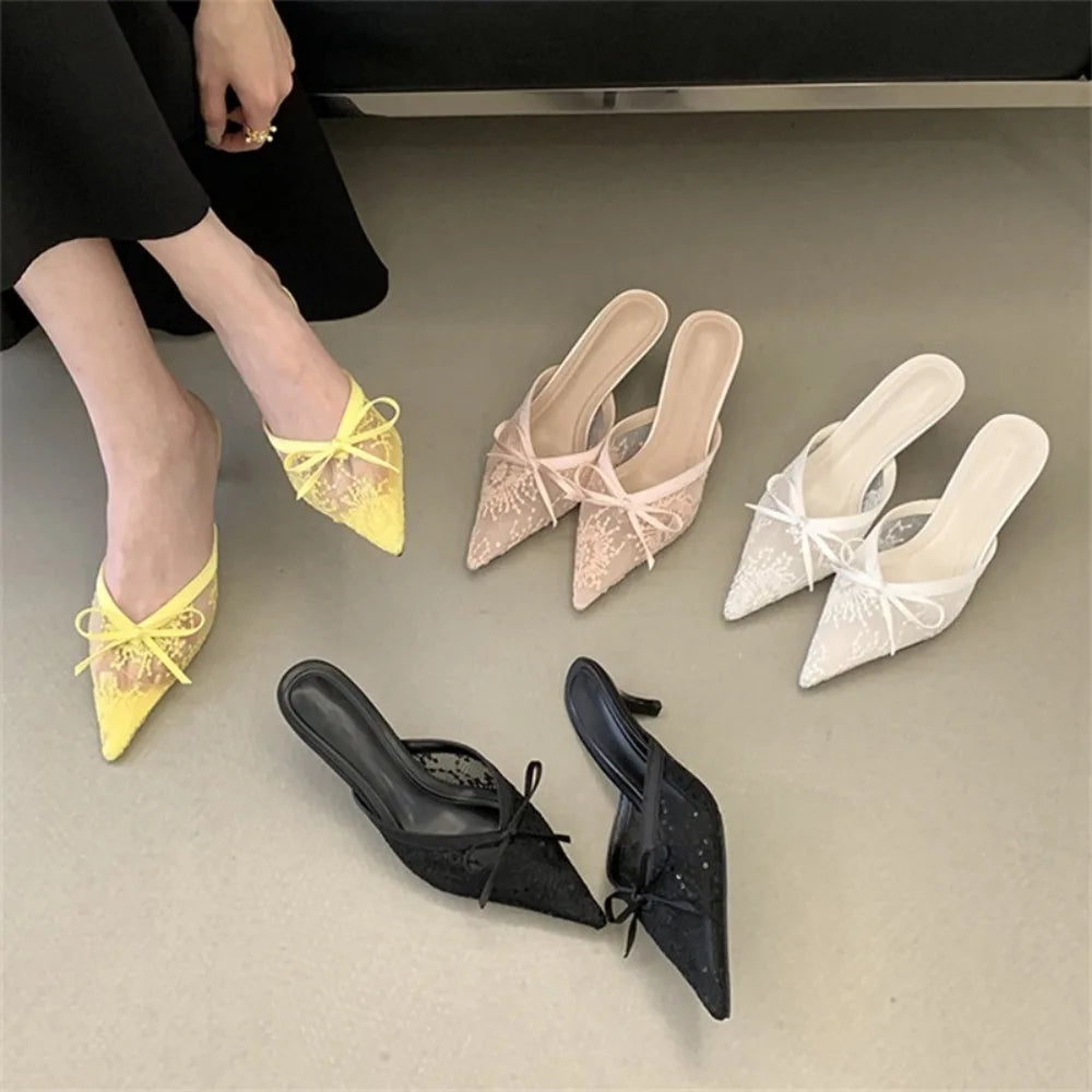 Butterfly Knot Pointed Toe Mules Breathable Mesh