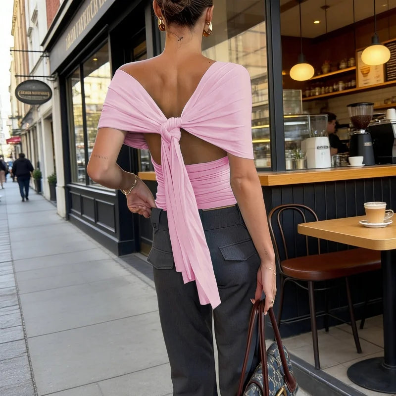 Womens Y2K Ruched Off The Shoulder Wrap Top With Cinched Waist Tie Back Halter