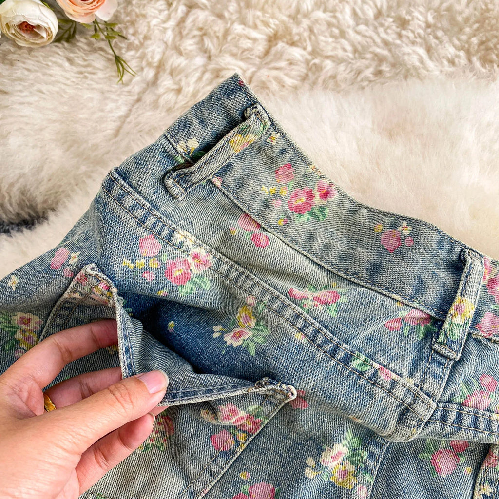 Floral Dream Denim Pants With Wide Leg Silhouette And High Waist