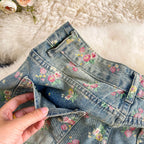 Floral Dream Denim Pants With Wide Leg Silhouette And High Waist