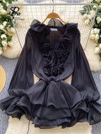 Boho 3D Floral Chiffon Sundress With Long Sleeves Lace Up Ruffle Detail