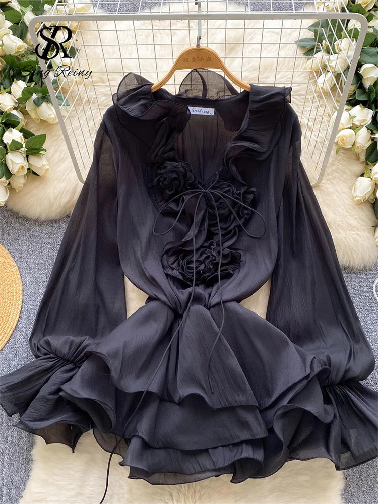 Boho 3D Floral Chiffon Sundress With Long Sleeves Lace Up Ruffle Detail