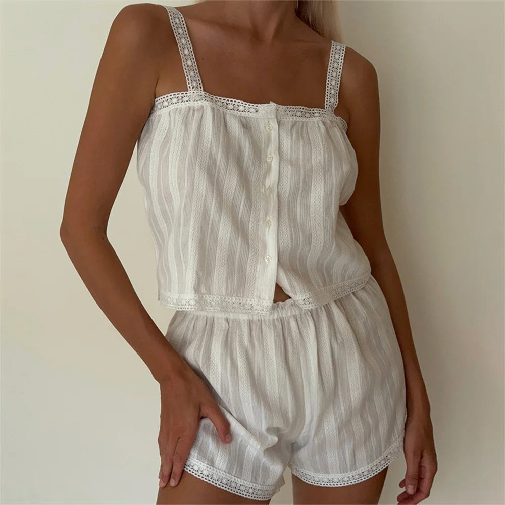 Fashion Pure Cotton Comfortable Soft Strap Short Pants Sleepwear Two-Piece Set