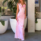 Elegant Floral Printed Pleated Maxi Dress With High Waist And V Neck Sleeveless